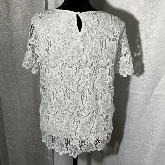 Philosophy White Floral Lace Top Women’s Small Short Sleeve Sheer Overlay Blouse - Picture 2 of 11